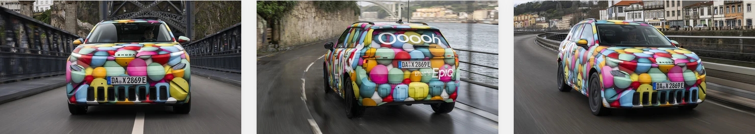 der neue Skoda Epic bunt beklebt in verschiedenen Perspektiven