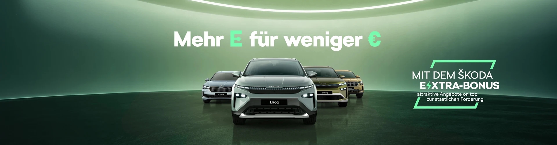 4 Skoda Elektrofahrzeuge in Frontansicht nebeneinander