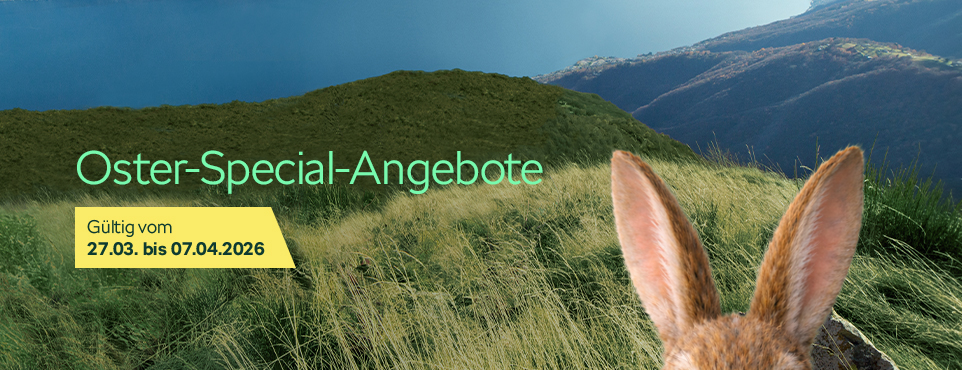 Eine Bergwiese und unten rechts schauen 2 Hasenohren ins Bild