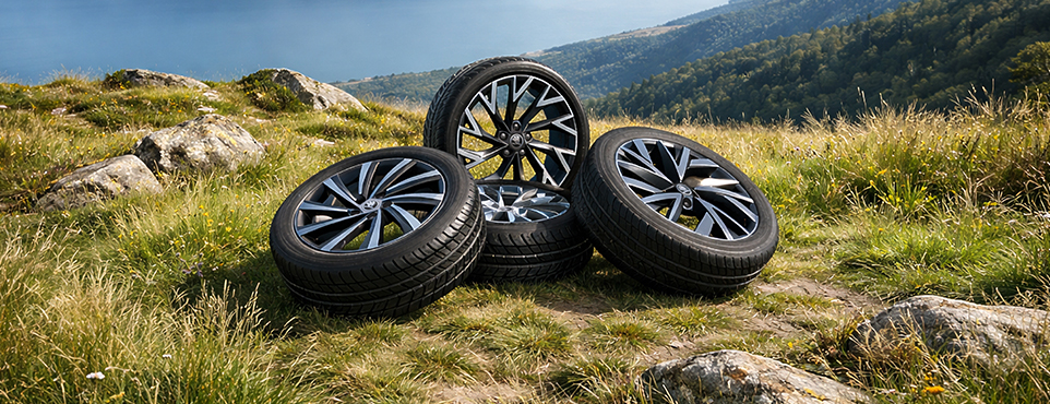 4 Sommerkomplettreifen schön präsentiert auf einer Bergwiese
