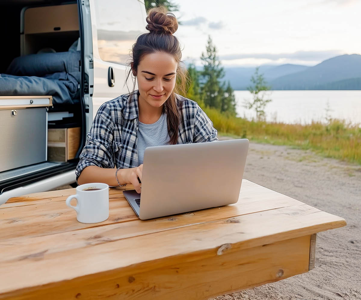 Eine Frau sitzt vor einem Wohnwagen am Laptop.